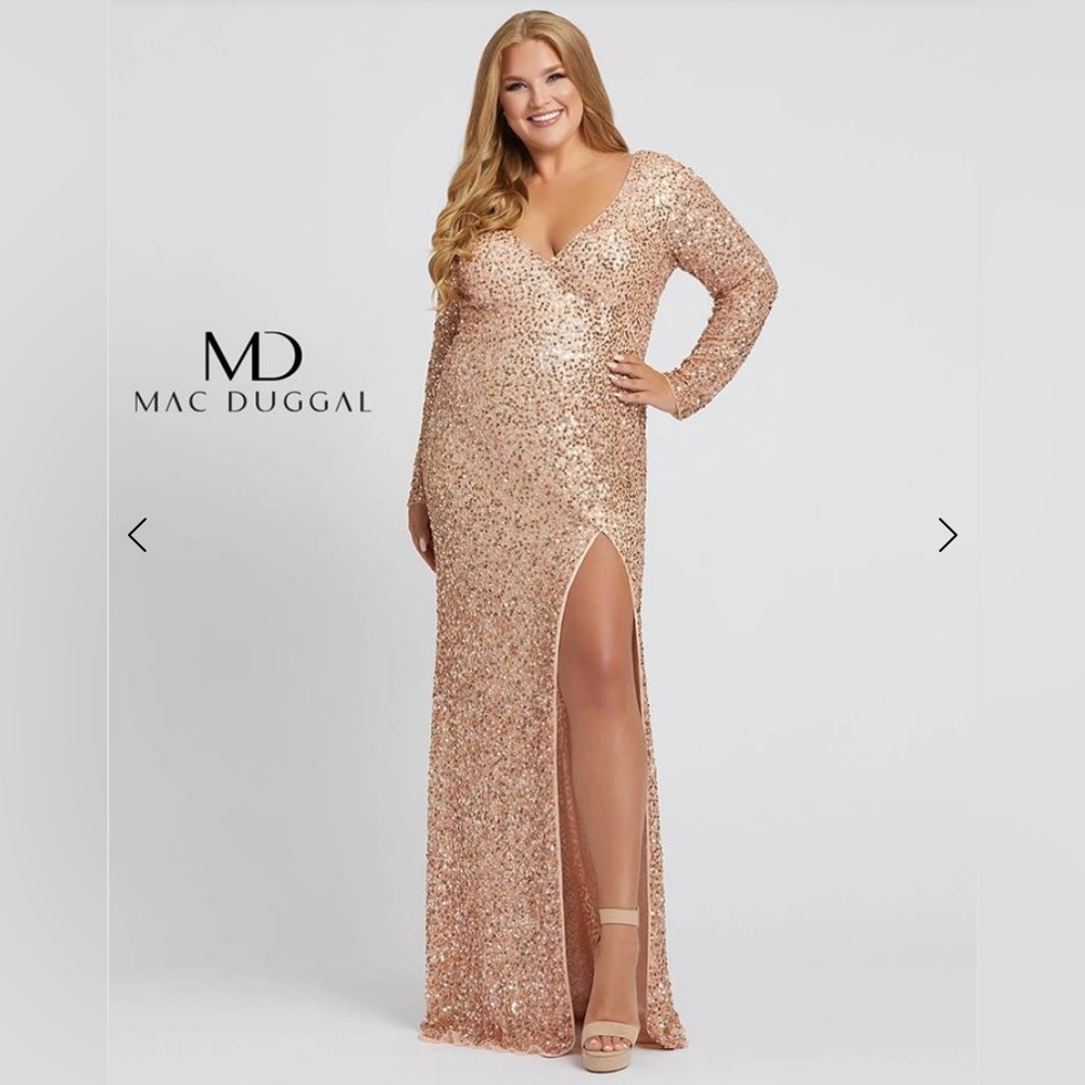 Mac Duggal Rose Gold Sequin Long Sleeve V-Neck Gown